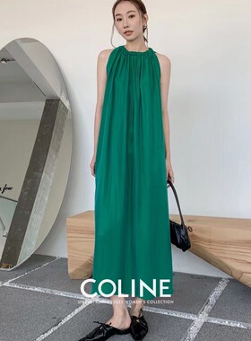 COLINE广州UUS店夏甜美气质显瘦无袖垂坠宽松铜氨丝连衣裙