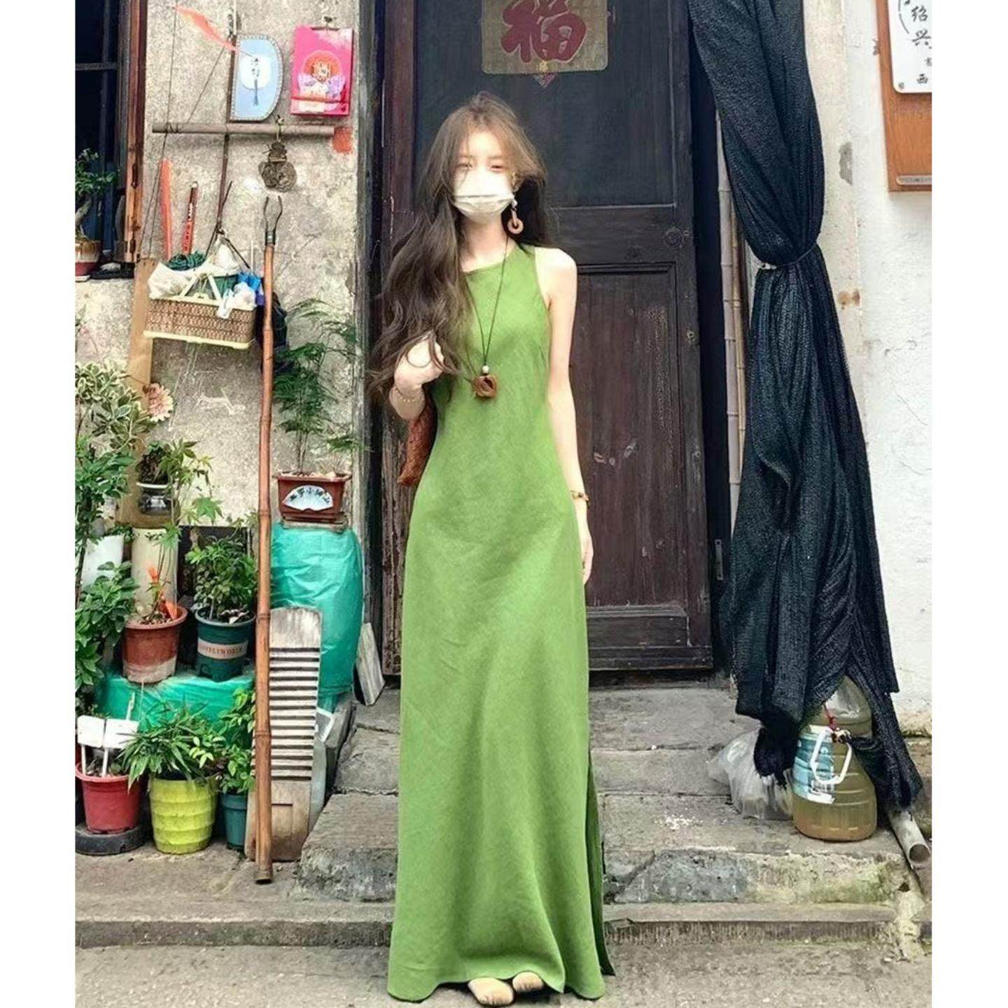 2025复古夏季新款袖森系绿色连衣裙收腰显瘦背心长裙气质,女装/女士精品,汉服套装,淘宝优惠券,粉丝福利购,淘宝优惠卷