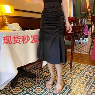 夏季纯棉甜美气质修身纯色通勤抽皱半身裙