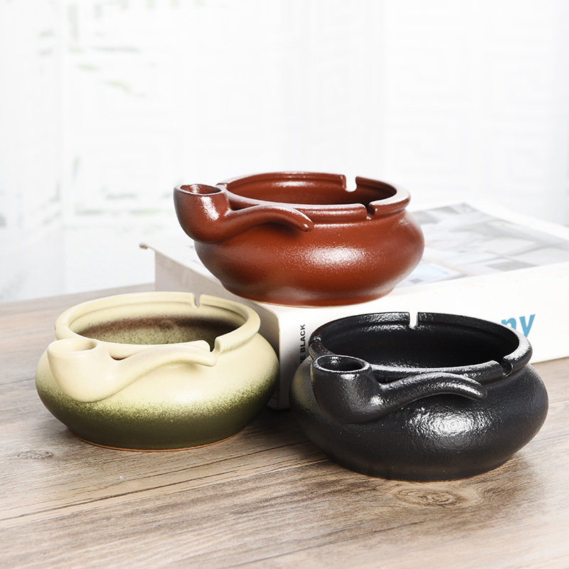 新款烟斗陶瓷烟灰缸大小号创意古典个性防风欧式家用酒店LOGO定制