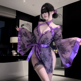 欲见*花魁日系和服睡袍性感深V睡裙蕾丝紫色系带浴袍qqny制服套装