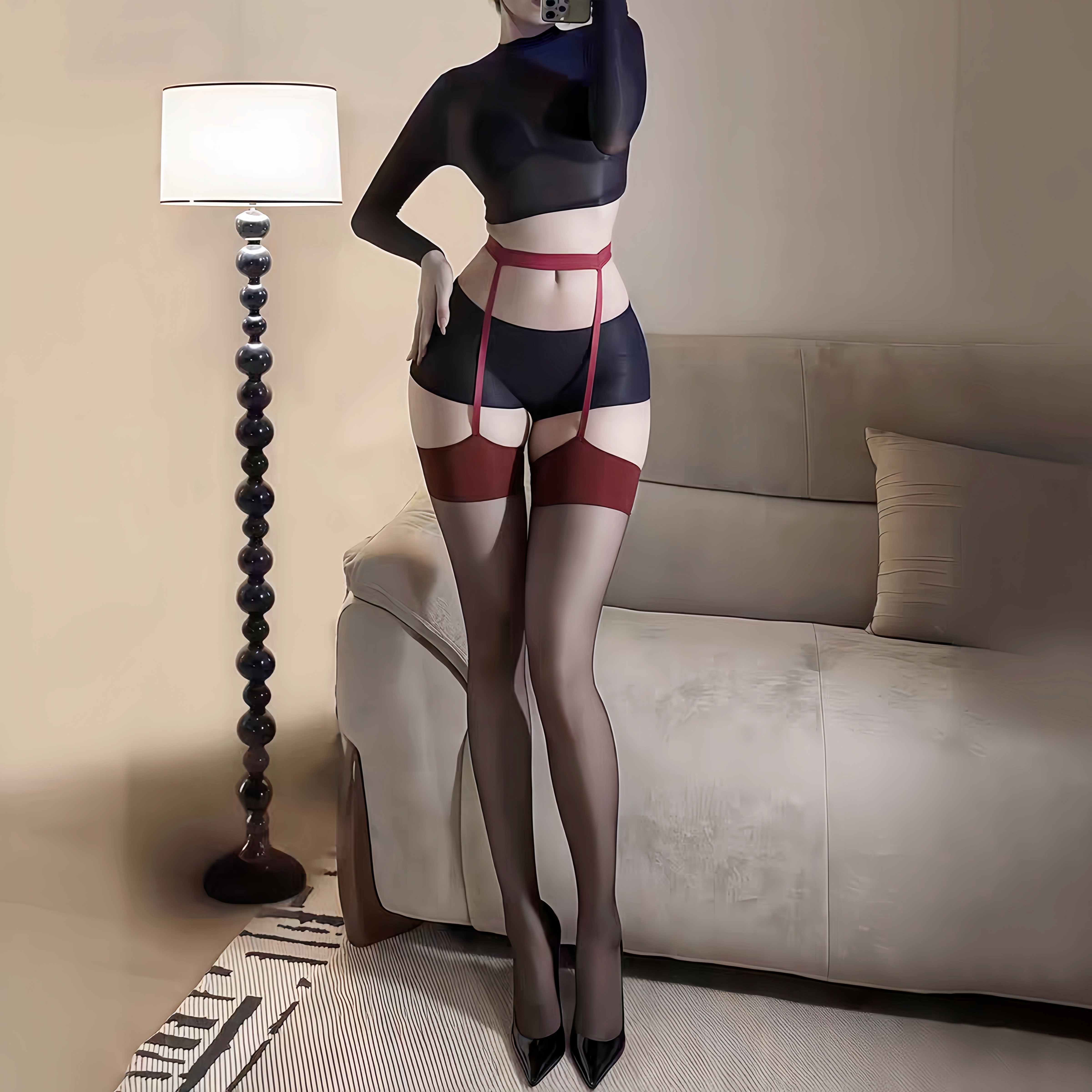 性感吊带袜子女黑丝红边撞色腿环一体大腿袜超薄禁欲系高筒连裤袜