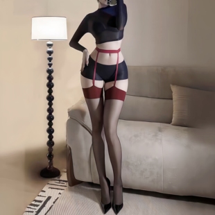性感吊带袜子女黑丝红边撞色腿环一体大腿袜超薄禁欲系高筒连裤 袜