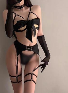 欲见*禁区紫色性感蝴蝶结绑带文胸高质感缎面聚拢内衣连体衣qqny