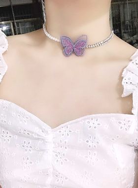 流行元素紫色蝴蝶项链水钻锁骨链chocker脖子饰品颈链项圈短项链