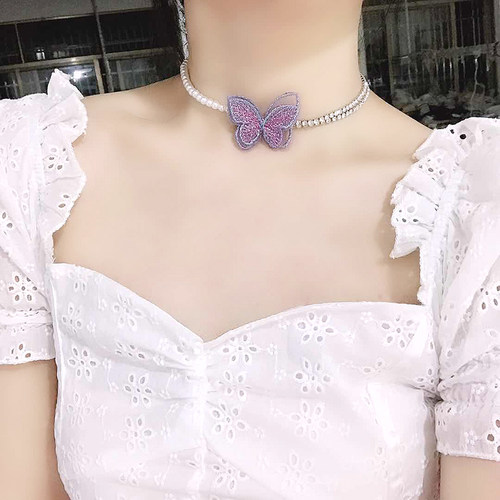 流行元素紫色蝴蝶项链脖子饰品