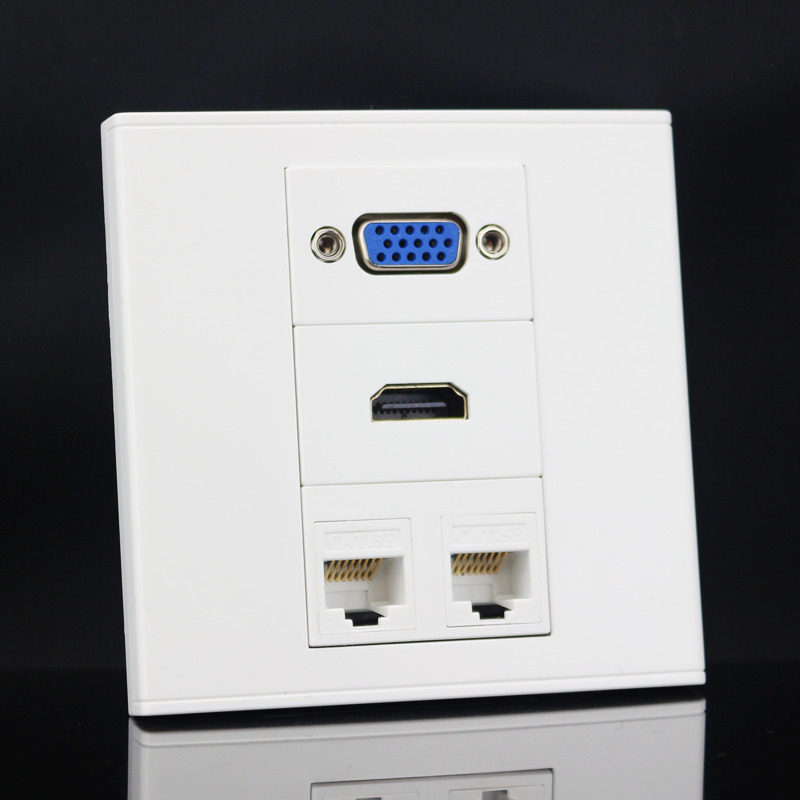 86型2个网络+HDMI高清直插+VGA免焊接插座面板 双电脑显示器插座