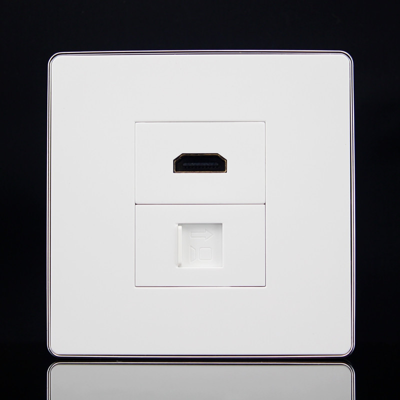 银边86型电脑HDMI高清插座面板RJ45网络加HDMI母对母直插墙壁开关