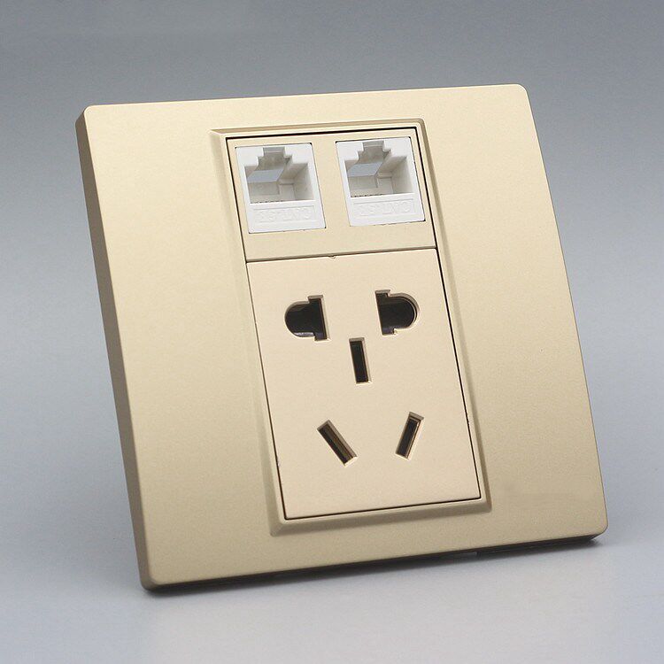 香槟金色86型五孔电源带双口网络插座2个CAT5E电脑网线二三孔面板