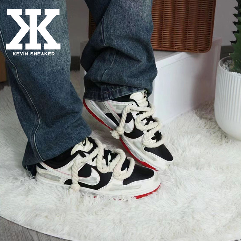球鞋定制Nike Dunk Low 氧化做旧高街贴标解构绑带复古低帮板鞋黑