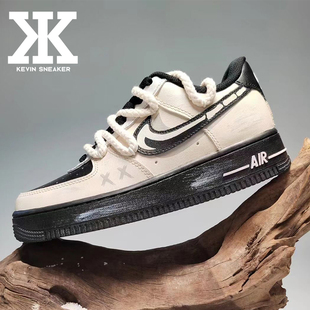 球鞋定制Nike耐克AirForce1Low朋克骨头低帮运动男女米黑运动板鞋
