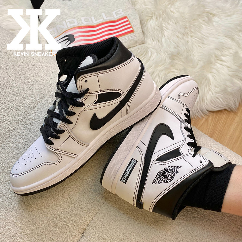 球鞋定制Jordan Air Jordan 1 Mid简约线条熊猫中帮复古篮球鞋