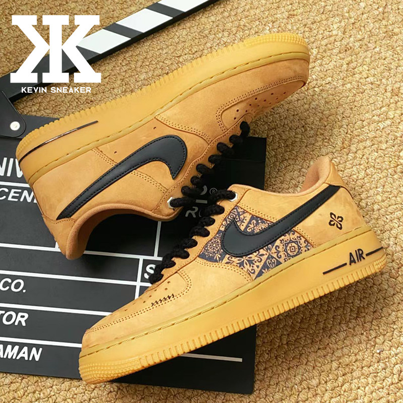 球鞋定制Nike耐克Air Force1陶棕锦纹牛皮经典复古低帮板鞋
