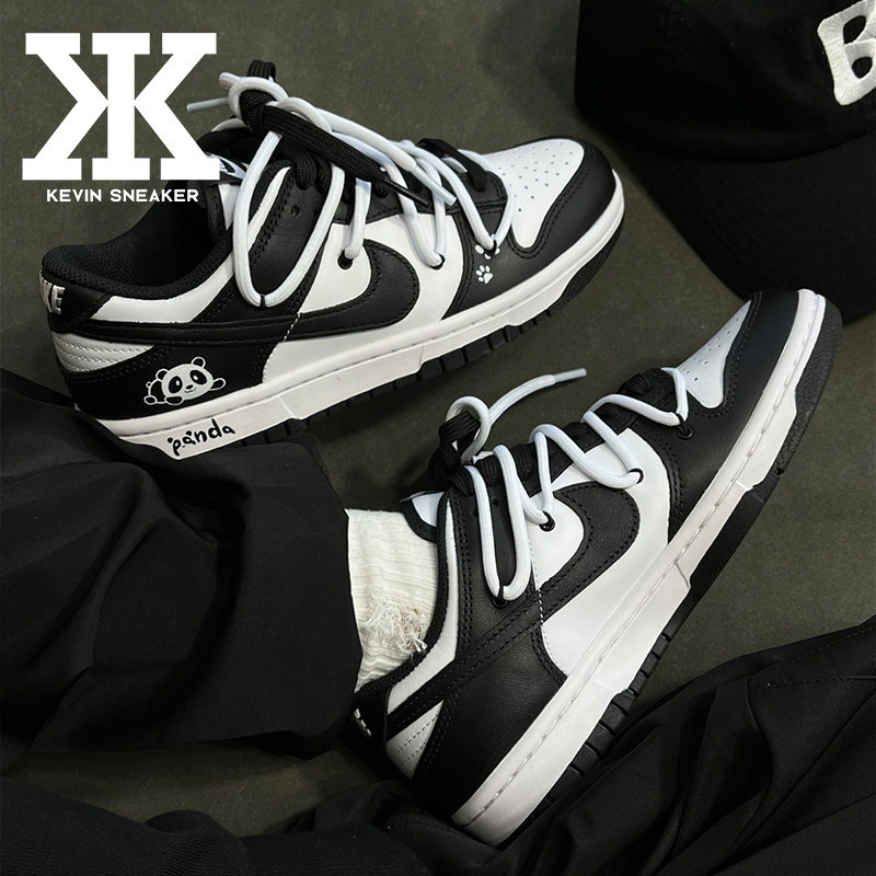 球鞋定制Nike耐克Dunk Low熊猫解构鞋带经典百搭手绘涂鸦低帮板鞋图片