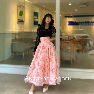 高腰显瘦a字长裙粉色碎花半身裙蓬蓬裙JA242 新款 简爱花园 春季