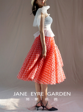 简爱花园◆复古红格子网纱蓬蓬半身裙女高腰A字中长款百褶裙JA465