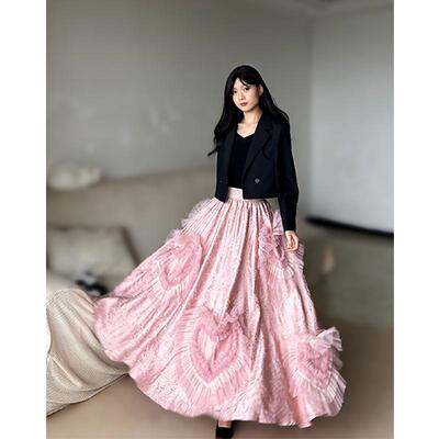 法式粉色印花缎面爱心长款礼服裙