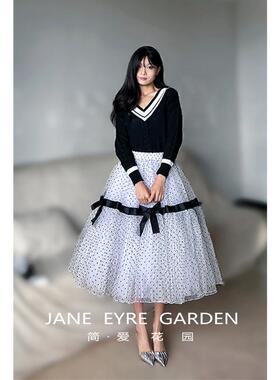 简爱花园◆高腰波点网纱A字中长款半身裙蝴蝶结公主裙蓬蓬裙JA334