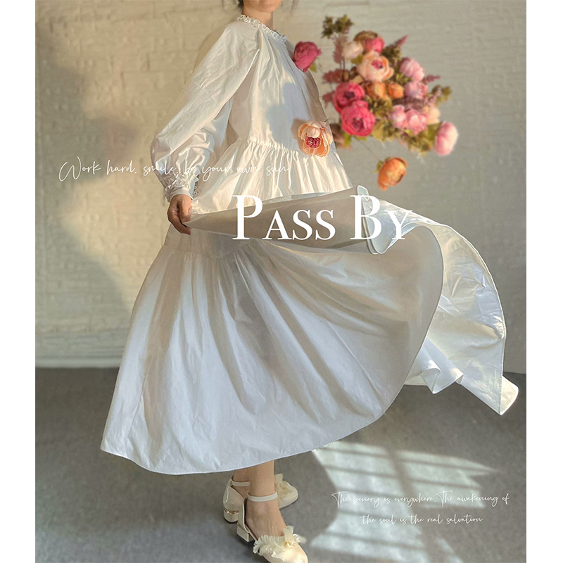 简约优雅宽松遮肚长款白色连衣裙