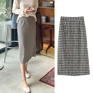 格子棉麻半身裙女中长裙2026年春夏新款 高腰包臀裙开叉一步裙 韩版