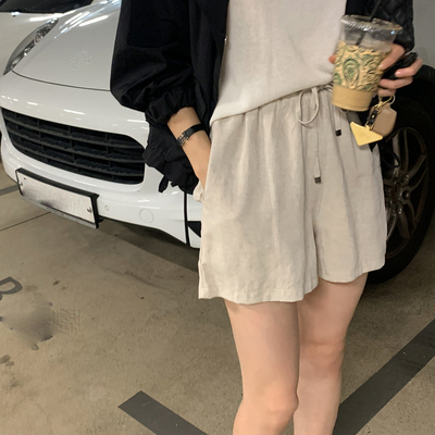 天丝亚麻棉高腰松紧宽松短裤