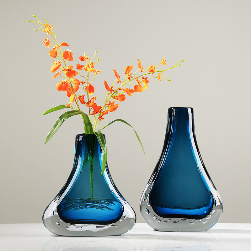 现代轻奢蓝色琉璃花瓶摆件客厅酒店餐厅玄关可水培插花花器装饰品