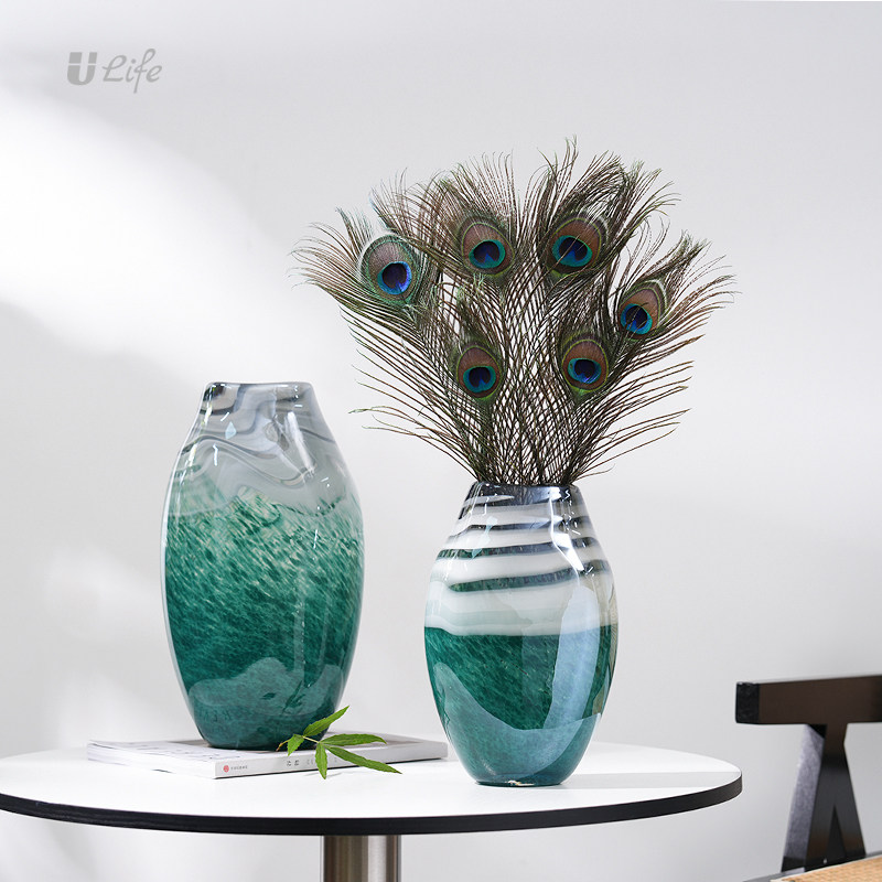 艺术琉璃花瓶水墨画现代玄关餐桌装饰品客厅孔雀羽毛工艺品摆设