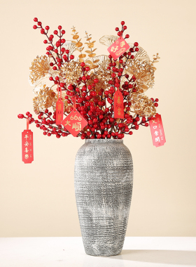 仿真红色冬青果发财果花束摆件金色尤加利银杏叶福桶装饰材料花艺