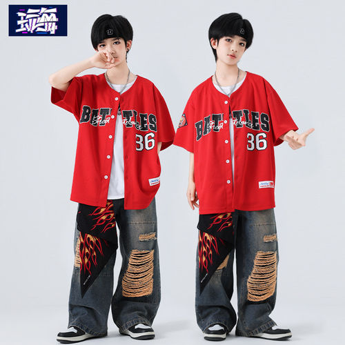 儿童街舞潮服hiphop男孩宽松服装夏季男童衬衫少儿帅气演出服时髦