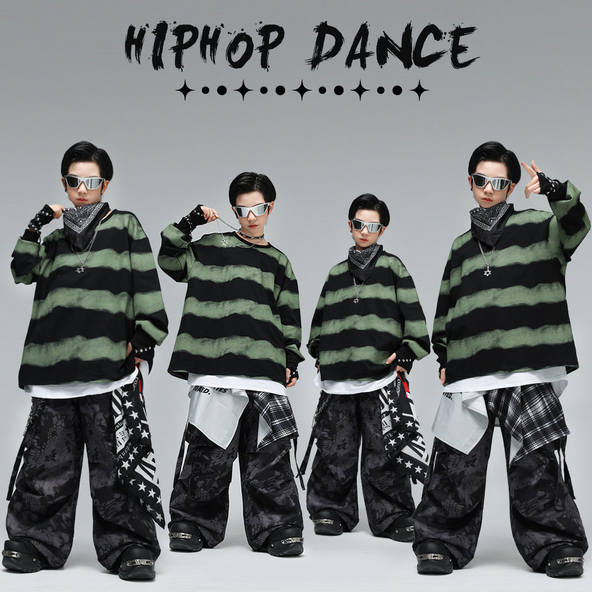 儿童街舞潮服潮酷男童hiphop条纹卫衣嘻哈少儿架子鼓表演出服时髦