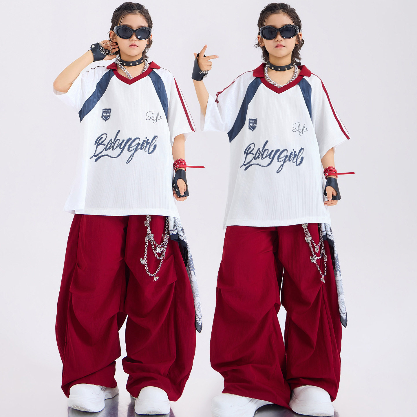 儿童街舞演出服男女童hiphop宽松短袖彩色长裤套装少儿街舞潮服夏