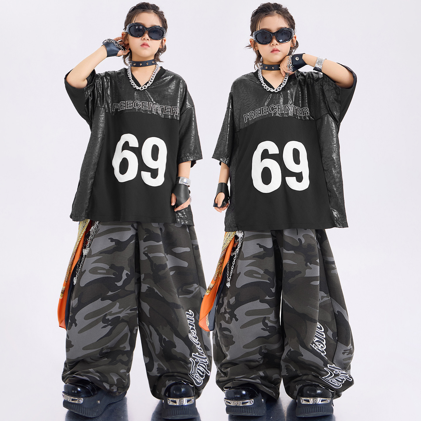 儿童街舞潮服男童潮酷时髦短袖女童宽松嘻哈hiphop练功演出服套装