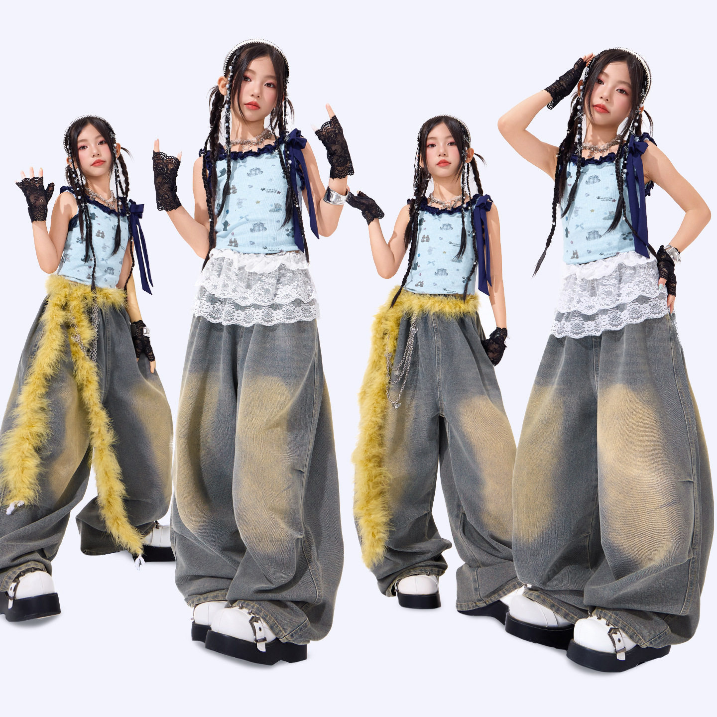 爵士舞服装女童蓝色上衣裤子女团风套装少儿jazz表演出潮服女孩夏