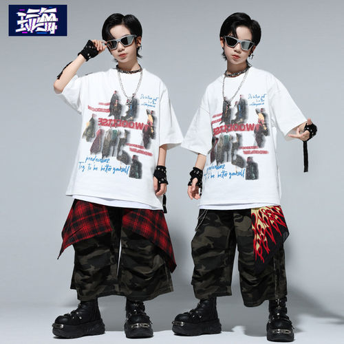 儿童hiphop街舞潮服嘻哈少儿宽松短袖套装男童炸街架子鼓表演时髦