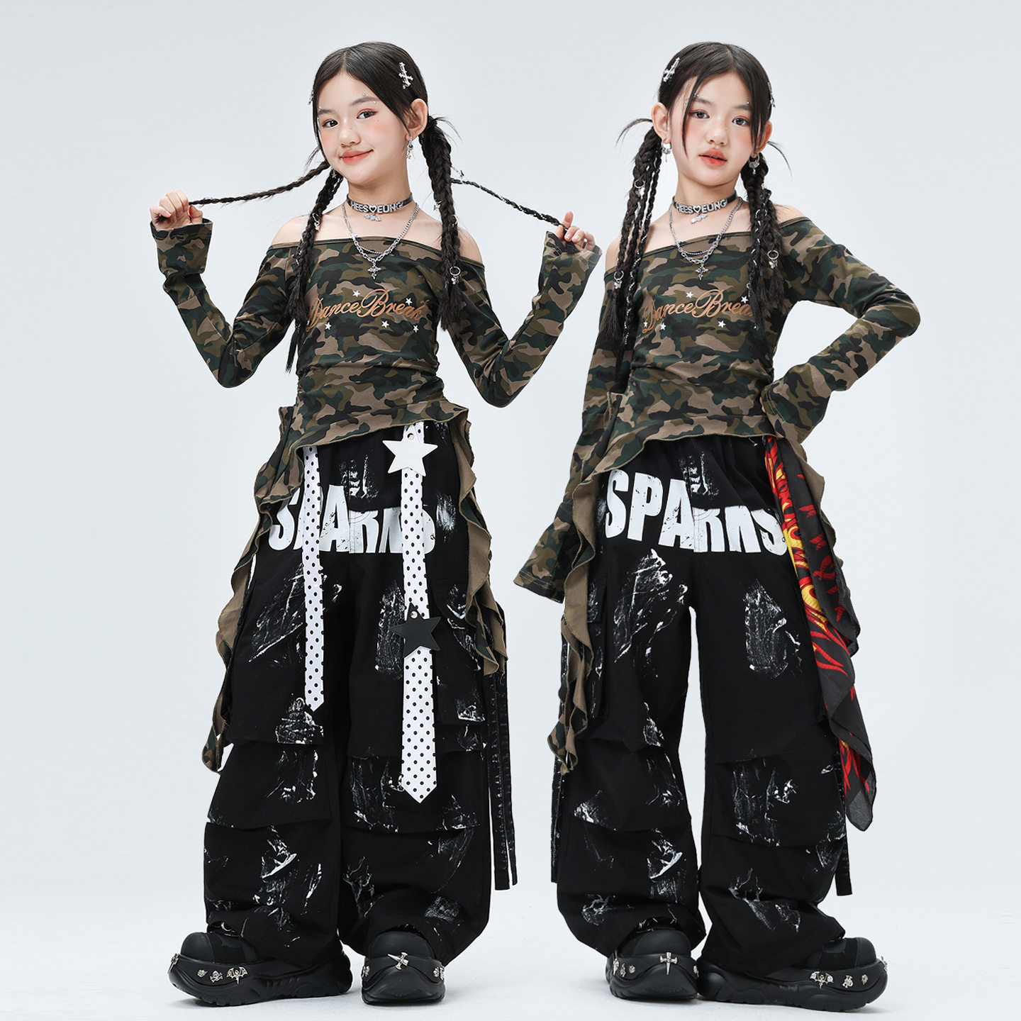 爵士舞女童服装潮酷儿童迷彩上衣少儿jazz舞蹈女孩街舞演出服时髦