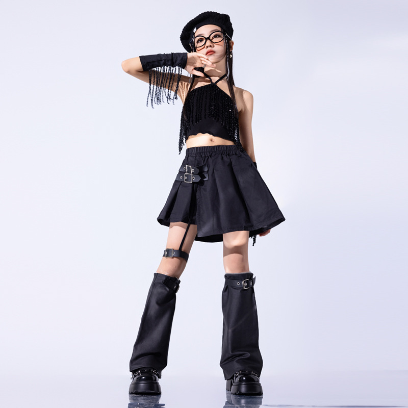 女童爵士舞街舞走秀hiphop少儿童短款流苏背心袖套演出服套装黑色
