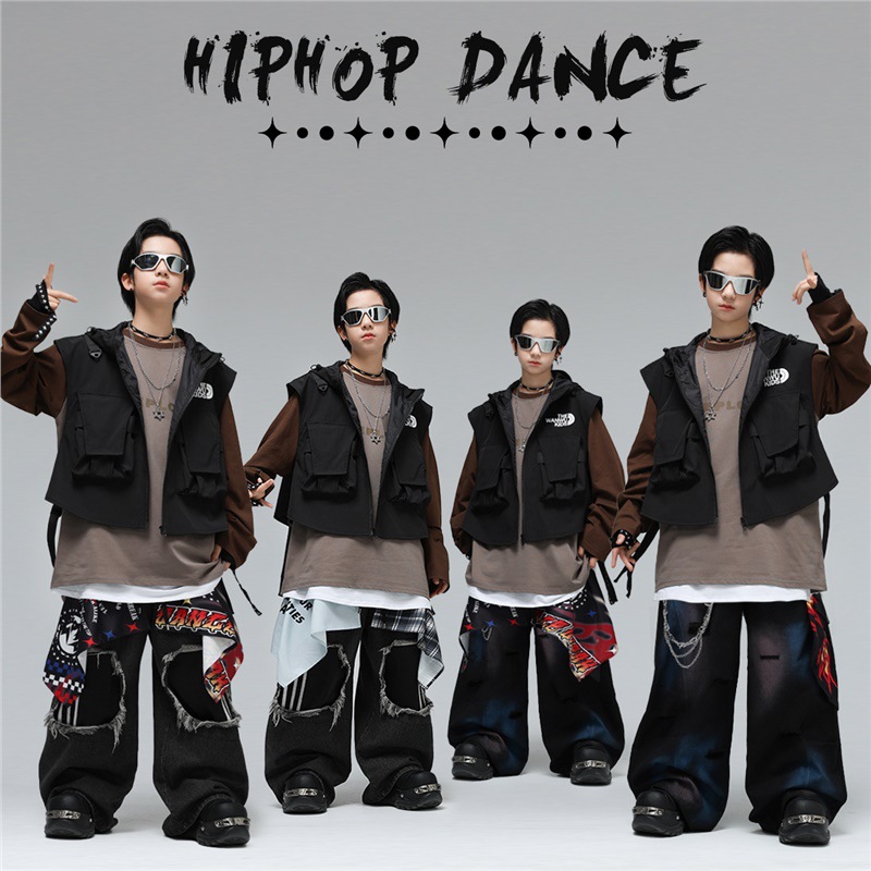 元旦街舞儿童潮服男童hiphop马甲套装嘻哈少儿架子鼓表演出服时髦