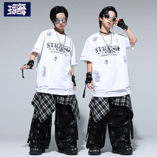街舞儿童演出潮服酷帅男女童短袖套装少儿hiphop宽松表演服装时髦