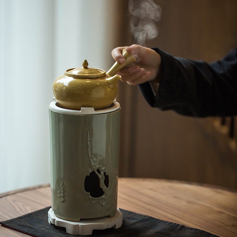 半斋造物景德镇民国黄刻花鱼戏图侧把壶急须碳炉煮茶煮水壶茶壶