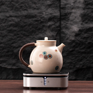 德茗堂苏打釉陶壶耐高温中式手绘皮球花白泥可开片高端烧水壶煮茶
