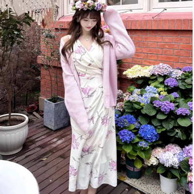 纯原日系复古印花V领无袖连衣裙