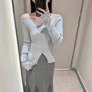 SWNT254302 罗纹针织衫 实拍更新 S家气质显瘦V领系带吊带露肩长袖