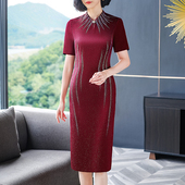 新款 女婚宴装 妈妈礼服年轻时尚 高贵重工烫钻喜婆婆修身 中长款 夏季