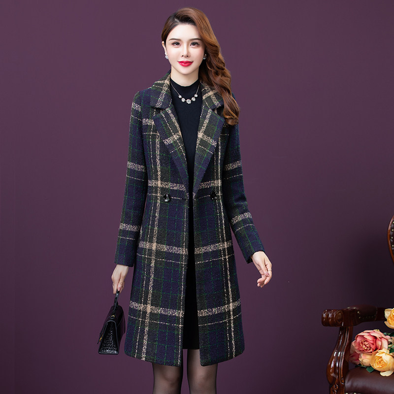 2025新款女秋冬毛呢大衣韩版高端时尚中长款西装领格修身子外套