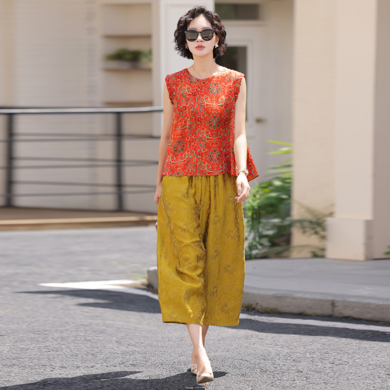夏季新中式真丝斜襟印花阔腿套装