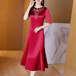 春夏新款 敬酒服丈母娘婚礼高贵刺绣收腰显瘦连衣裙 高端婚宴妈妈装