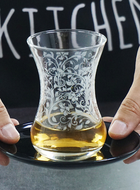 进口特色土耳其红茶杯花纹咖啡玻璃杯郁金香红茶具配碟LAV东欧杯