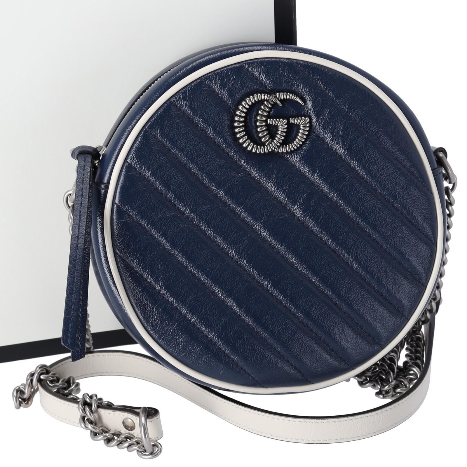 Gucci古驰GG Marmont圆形单肩包550154海军蓝白色真皮