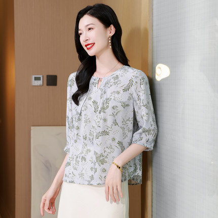 阿舍尔女装2026新款桑蚕丝印花衬衫女七分袖圆领上衣真丝夏季小衫