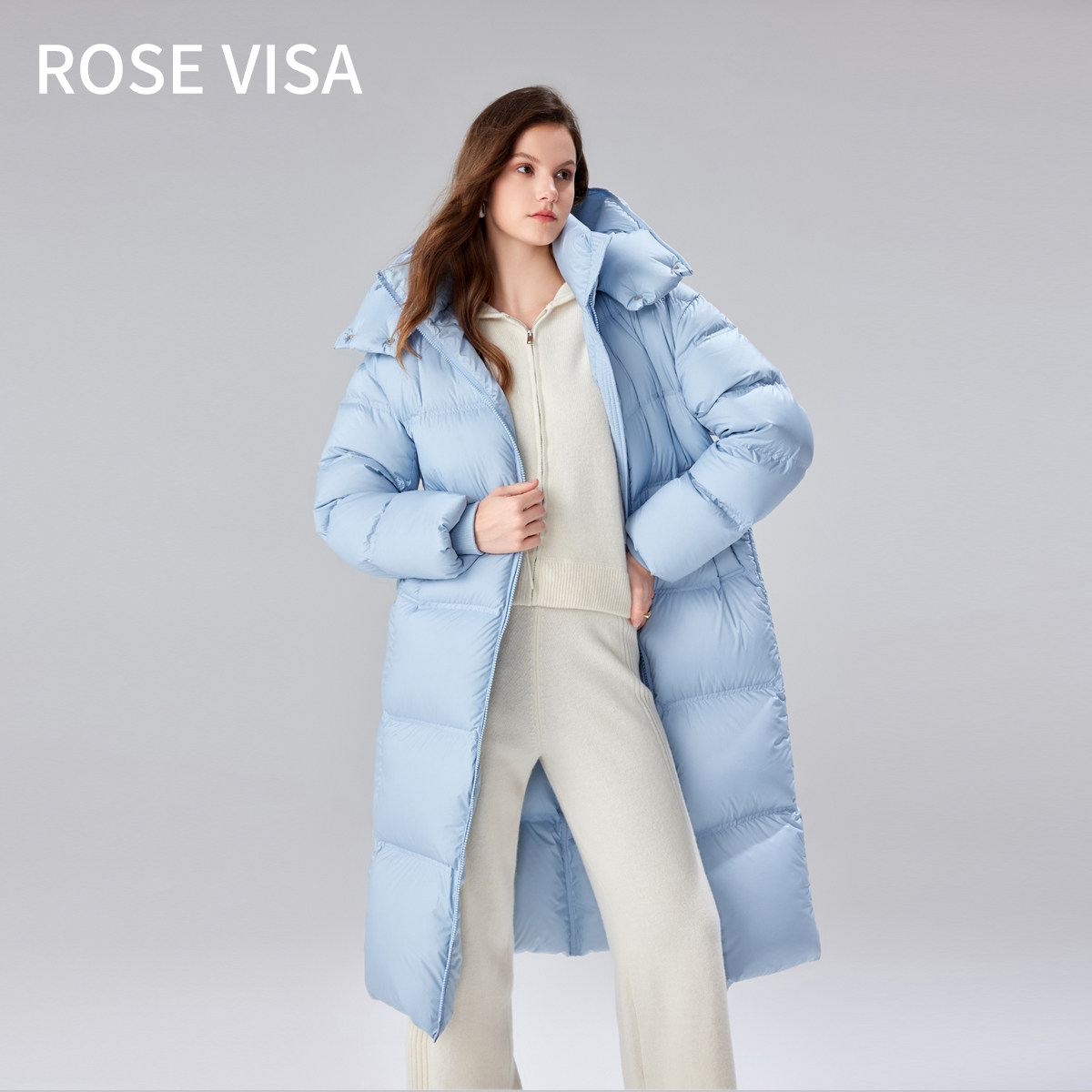 RV-AW95白鹅绒时尚防风保暖H型爆款超长款女装羽绒服81021